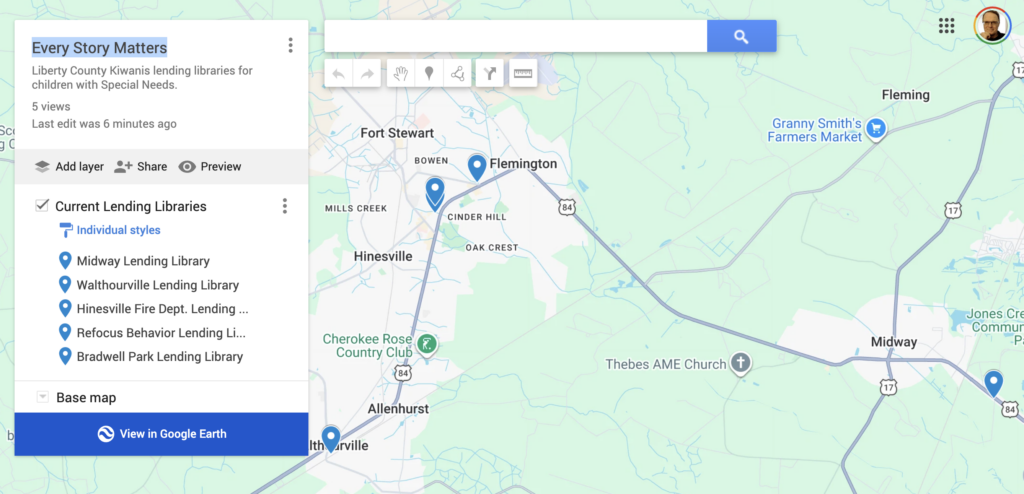Map to Kiwanis of Liberty County Georgia Lending Libraries for children with special needs.
