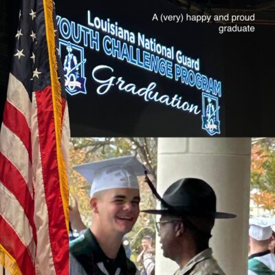 A happy graduate at the December 12 2024 graduation of the LA National Guard Youth Challenge Program.