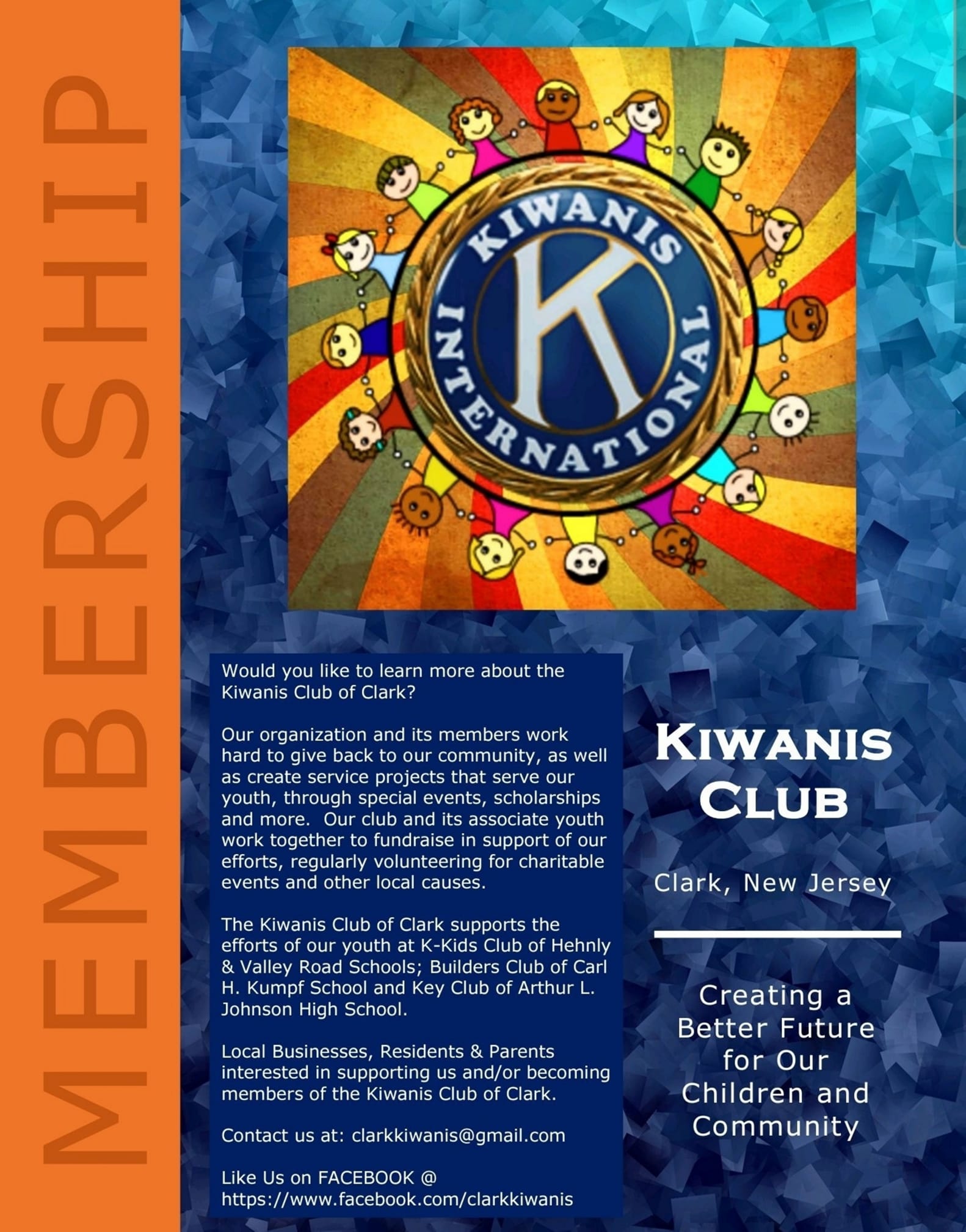 Membership poster, Kiwanis, Key Club, K-Kids, Builders Club,parents, residents, Clark, NJ, community