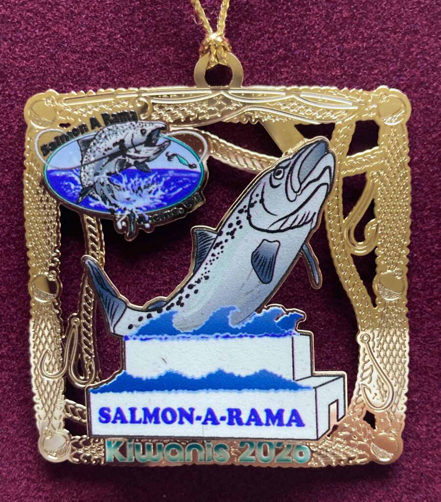 2026 Kiwanis Club of West Racine holiday ornament - Salmon-A-Rama design.