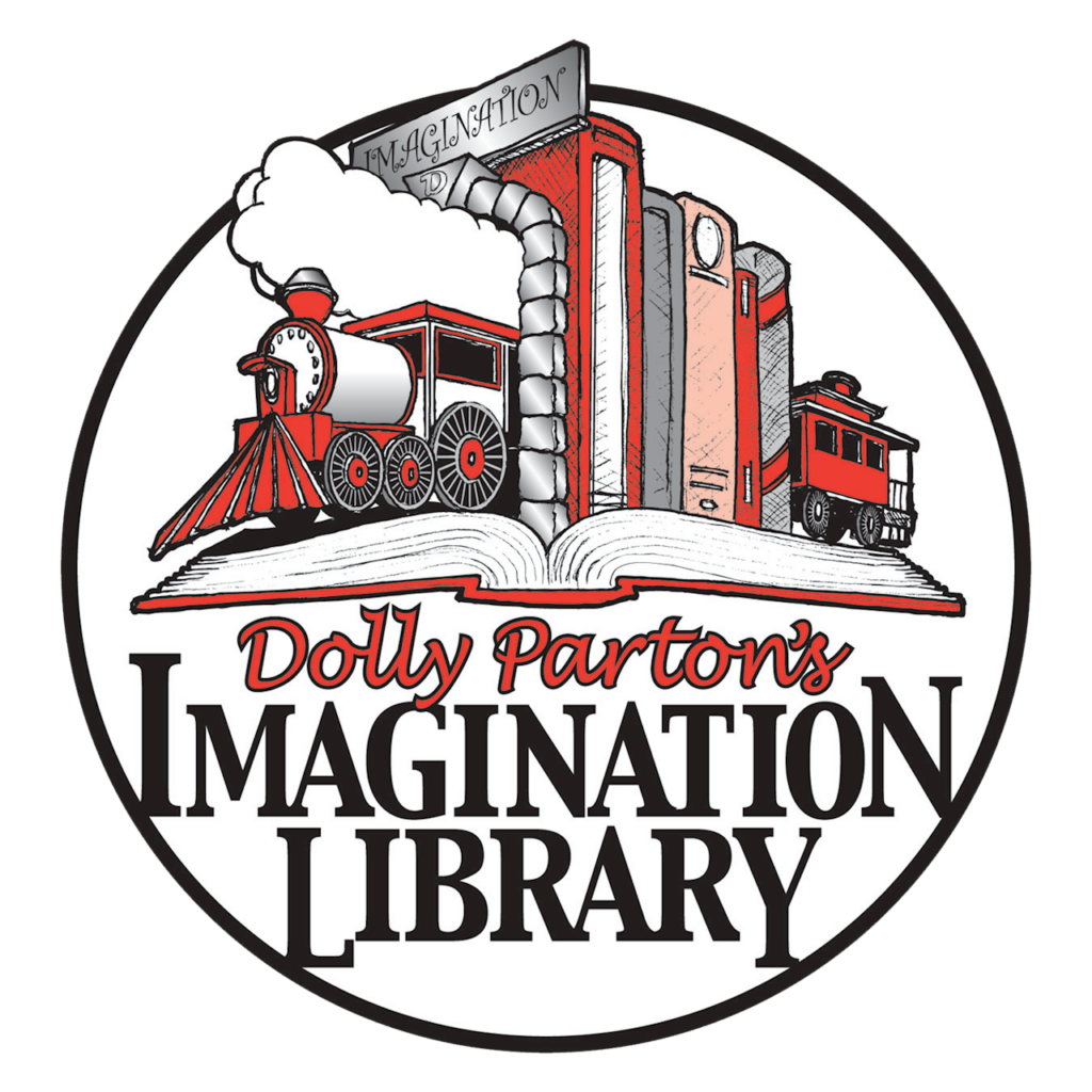 Dolly Parton's Imagination Library logo with train and books.