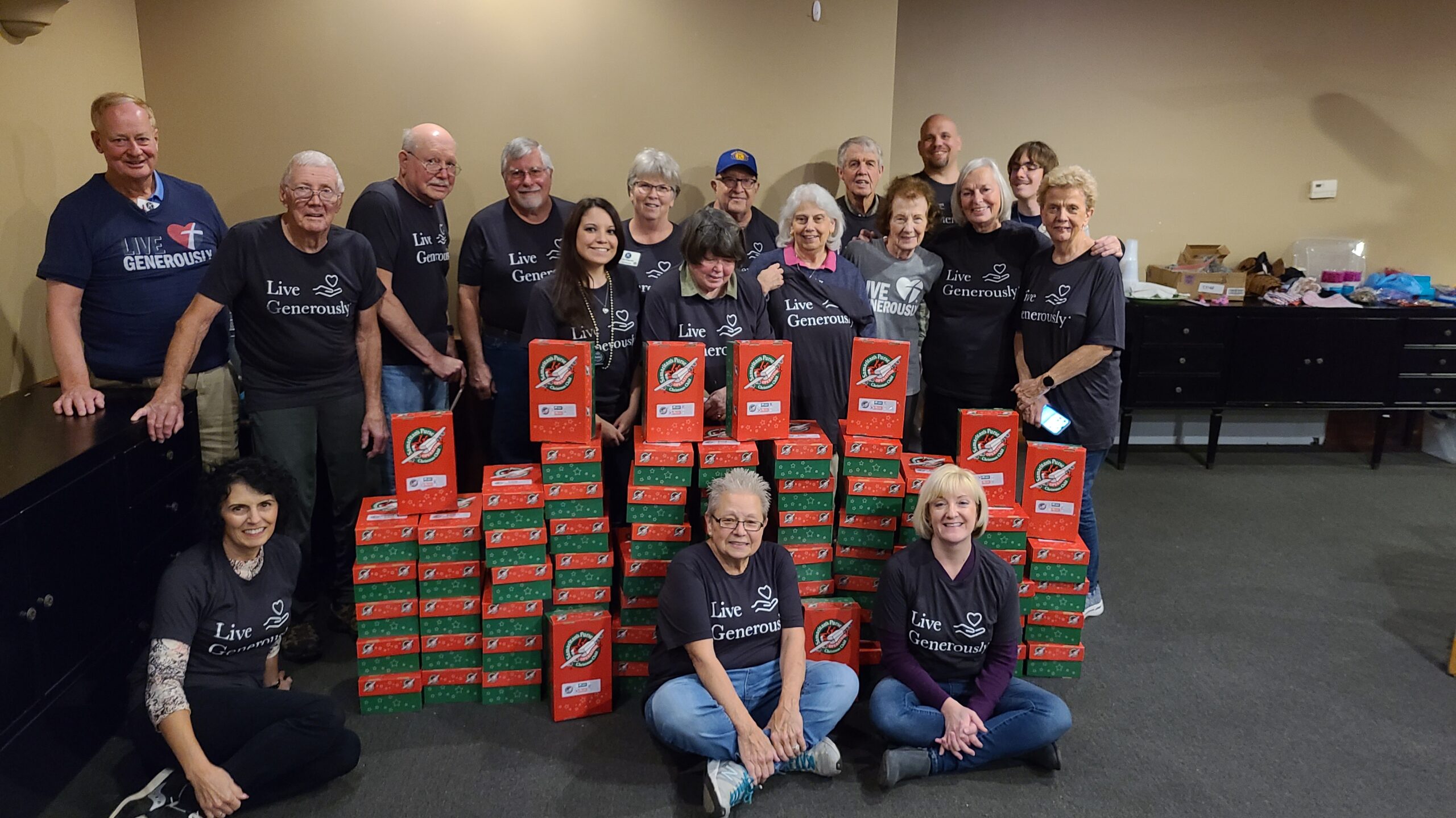 Club with Operation Christmas Child boxes