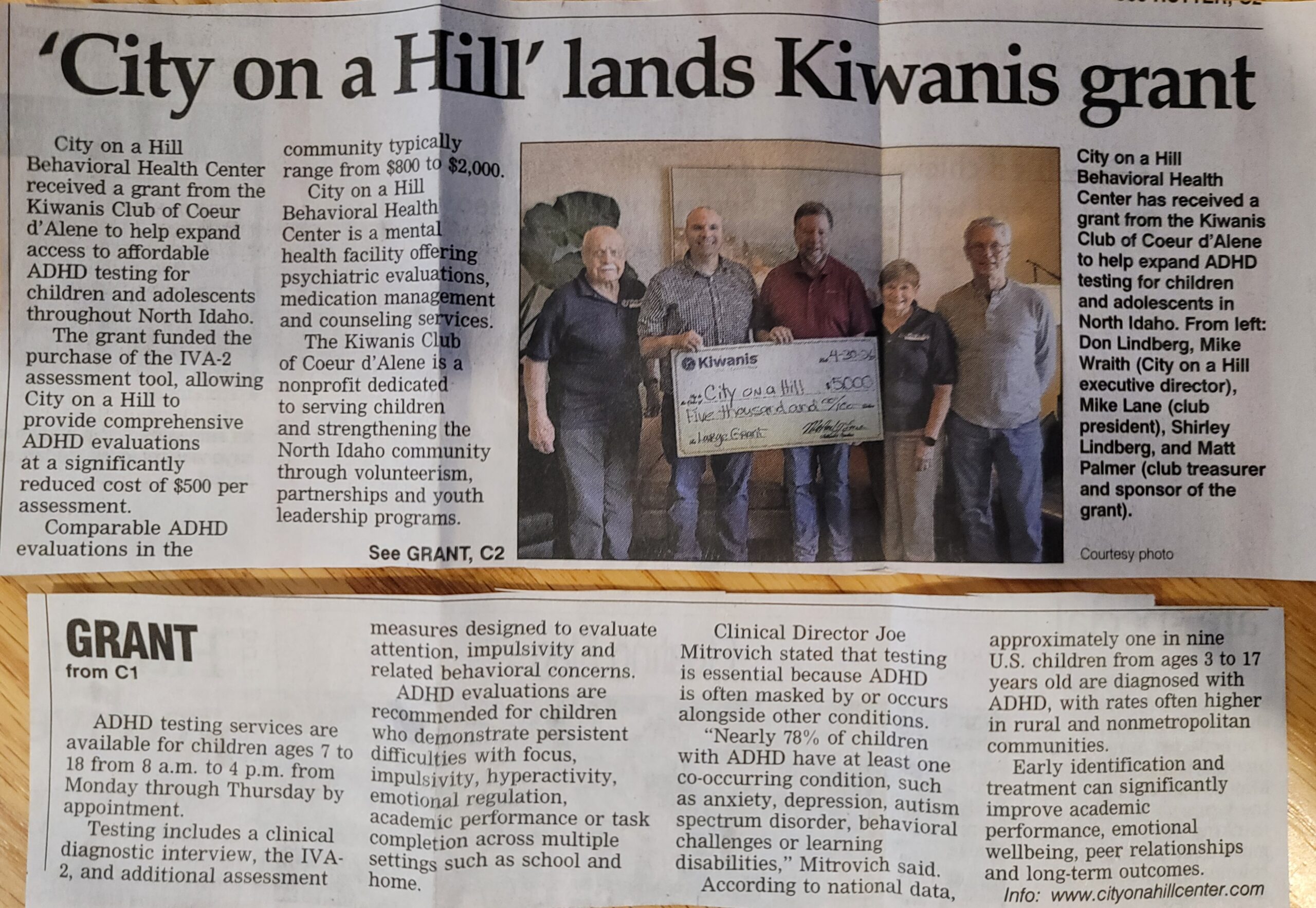 Article on Kiwanis Large Grant to City on a Hill Behavioral Health Center