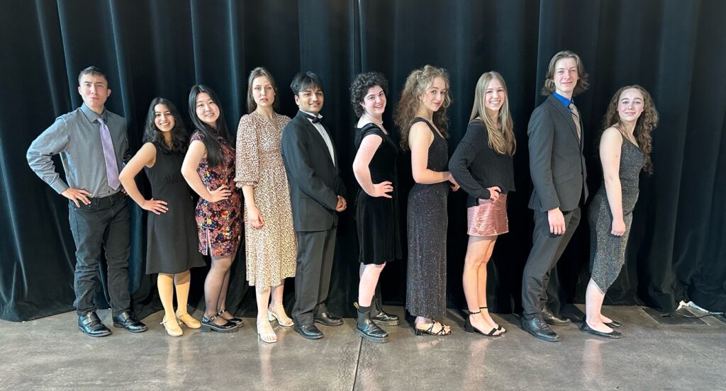 2024 Pitzer/Weeks Vocal Competition Contestants from left to right: Jay Houseworth-Barba (Bainbridge High School), Namah Daga (Newport High School), Carrie (Jiayu) Huang (The Northwest School), Leila Bauer (South Kitsap High School), Trinav Banerjee (Jackson High School), Woods Jarol (Edmonds Woodway High School), Lydia Mushkatina (Sammamish High School), Haley Montelaro (Newport High School), David Thomas (Edmonds Woodway High School) and Autumn Chociej (Auburn High School)