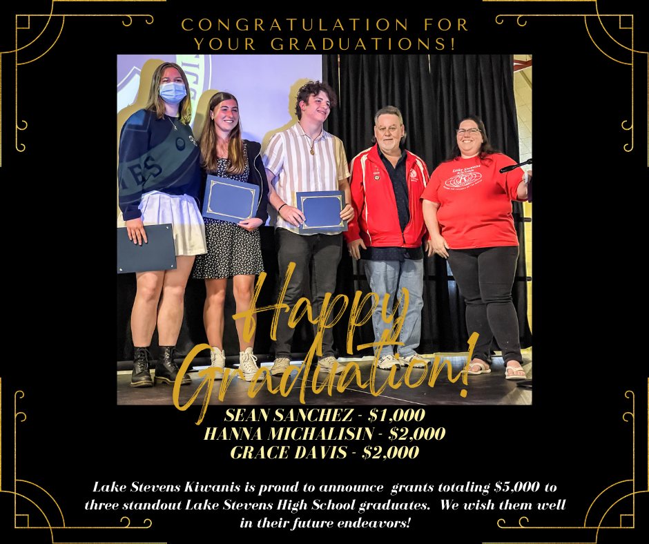 Scholarship award for 2024 from Lake Stevens Kiwanis to 3 Lake Stevens High School graduates