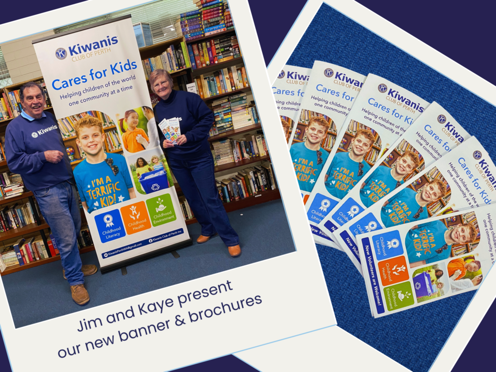 Photo 1: A man and woman stand either side of a promotional pull-up banner in a bookshop.
Photo 2: Brochures with the same design promote the Kiwanis Club of Perth - Cares for Kids.