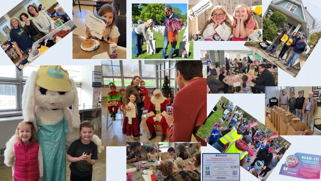 Collage of pictures from Kiwanis events. Pictures include children with Easter Bunny, with Santa, face painting