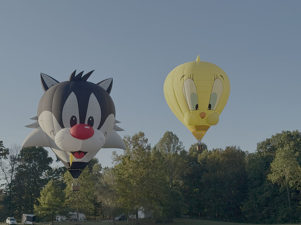 Yello Bird and Puddy Cat hot air balloons rising during the Kiwanis Indiana Balloon Fest with attendees in the background.