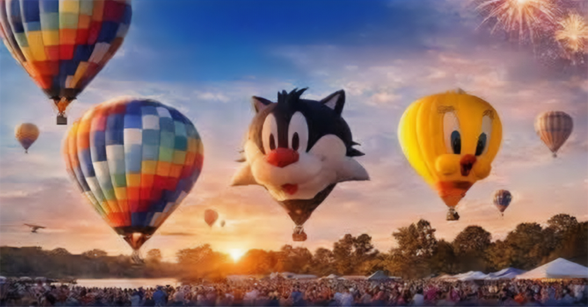 2026 SCI Kiwanis Indiana Balloon Fest featuring colorful hot air balloons and special-shaped balloons flying over a crowd at sunset in Southern Indiana.