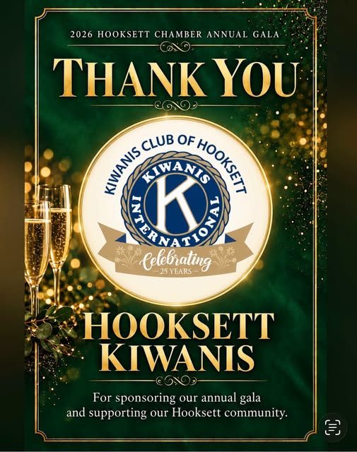 Hooksett Chamber 2026 Annual Gala graphic on a green and gold background: &ldquo;Thank You, Kiwanis Club of Hooksett, celebrating 25 years, for sponsoring our annual gala and supporting our Hooksett community.&rdquo;