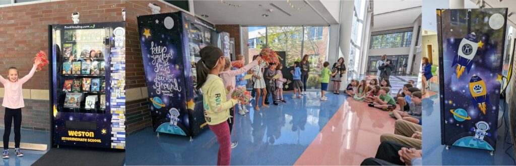 Children at the unveiling of the Kiwanis-supported book vending machine at Weston Intermediate School.